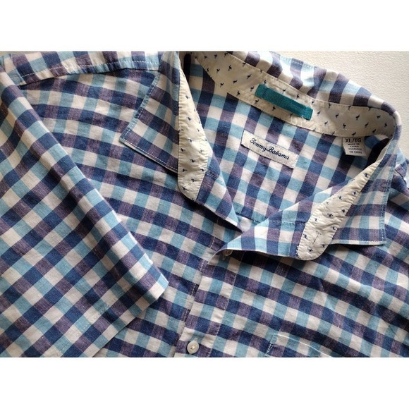 Tommy Bahama Other - Tommy Bahama Mens XL Gingham Linen Blend Short Sleeve Button Up Shirt Blue White